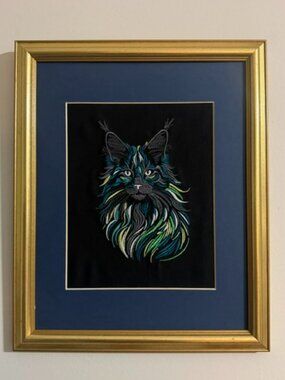 Homemade Multicolored Cat Embroidery Art